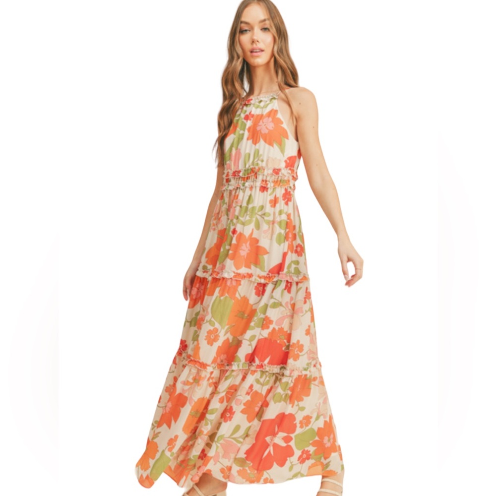 61. Women’s Red Orange Floral High Neck Ruffled Maxi Dress NWT